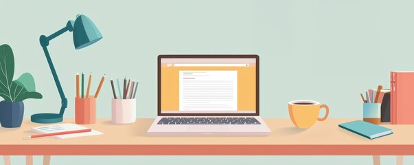 A cozy workspace featuring a laptop, stationery, a desk lamp, a coffee cup, and a plant