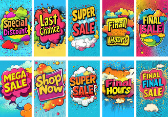 Obraz premium A bold, eye-catching label featuring playful, comic book-style font inside a vibrant pop art speech bubble, perfect for promoting sales and discounts.