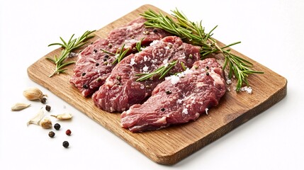 Raw Beef Steaks with Rosemary, Salt, and Pepper on Wooden Board