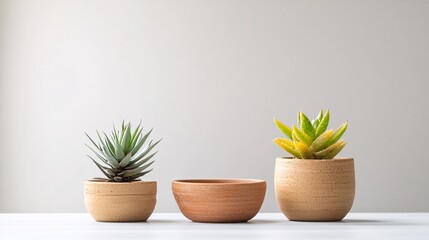 Fototapeta premium Potted Succulents and Empty Ceramic Bowl on White Table