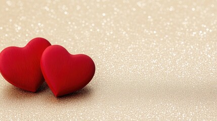 Fototapeta premium Two vibrant red wooden hearts rest elegantly on a shimmering golden backdrop, capturing the essence of love and romance for a perfect Valentine's Day