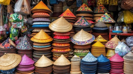 Colorful Hats in a Traditional Market Setting