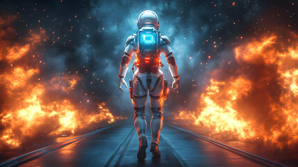 Fototapeta premium Astronaut Walking Through Fire Illustration