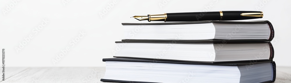 Poster a sleek black pen rests on a stack of neatly arranged notebooks, organization and productivity in le