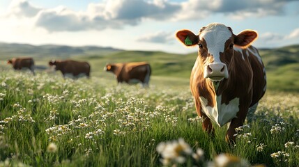 A Brown and White Cow Stands in a Field of Daisies