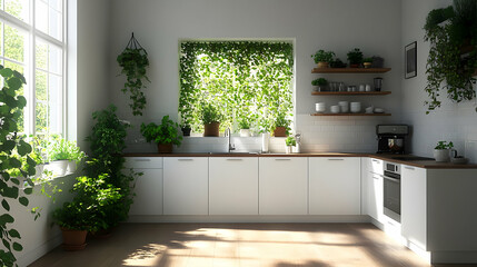 Modern Kitchen Interior Design with Plants and Natural Light - 3D Illustration