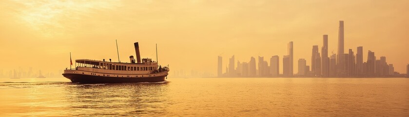 Obraz premium A serene sunset view features a ship sailing on calm waters with a city skyline in the background