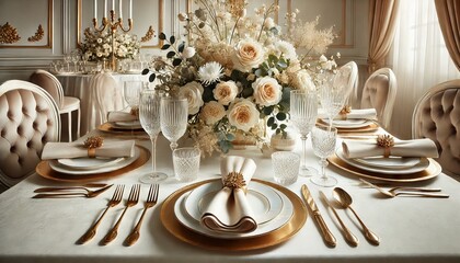 Elegant Dining Table Setting with Fine China and Floral Arrangements