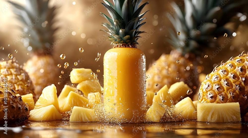 Poster pineapple slices splashing in juice - realistic image