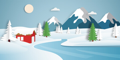 Snowy mountain winter landscape scenery paper cut style.	