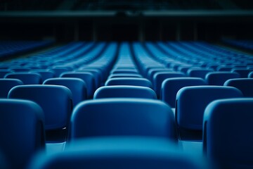 Fototapeta premium Rows of blue seats in an empty stadium create a sense of anticipation before an upcoming event. Generative AI