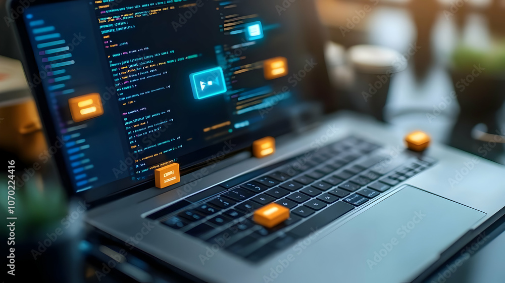 Poster laptop with code on screen and orange cubes
