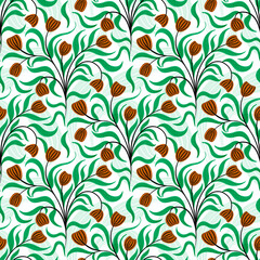 Fototapeta premium Seamless pattern with leaves and tulip flowers. Hand drawn illustration for fabric design, wrapping papers, tiles.