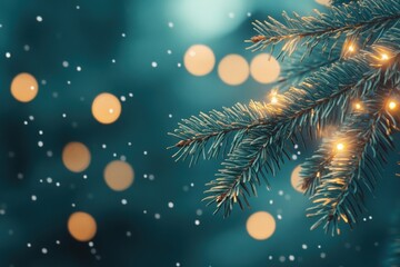Christmas tree branch with lights and soft bokeh background, winter wonderland feel.