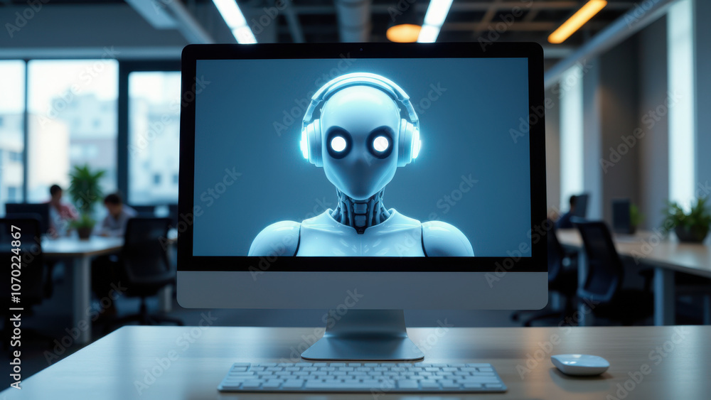 Poster a robotic head on a computer screen, suggesting ai or digital integration.