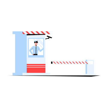 Security Guard At Gate Barrier In Flat Vector Illustration Symbolizing Security, Access Control, And Entry Regulation, Isolated On White Background