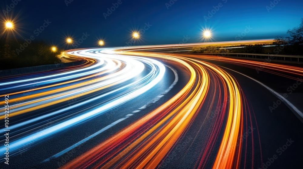 Poster light trails of vehicles on a busy highway at night, creating dynamic motion effects.