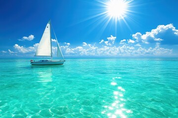 Fototapeta premium Sailboat on turquoise water, bright sun and sky. Perfect for travel, vacation and summer themes.