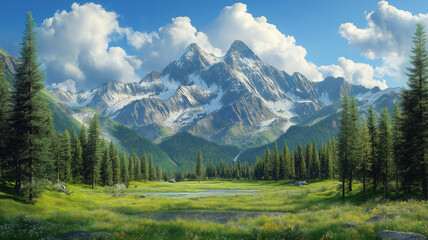 Majestic mountain vistas featuring towering coniferous trees offering a tranquil escape into nature