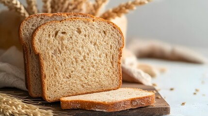 Sliced Bread Loaf with Wheat Spikes on Wooden Cutting Board