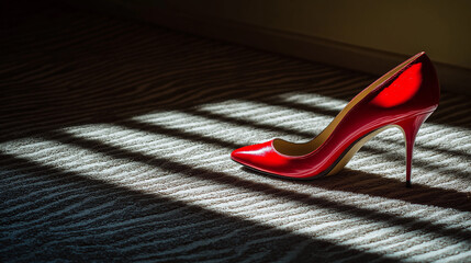 Dramatic lighting on a red high heel shoe casting shadows, highlighting curves and details