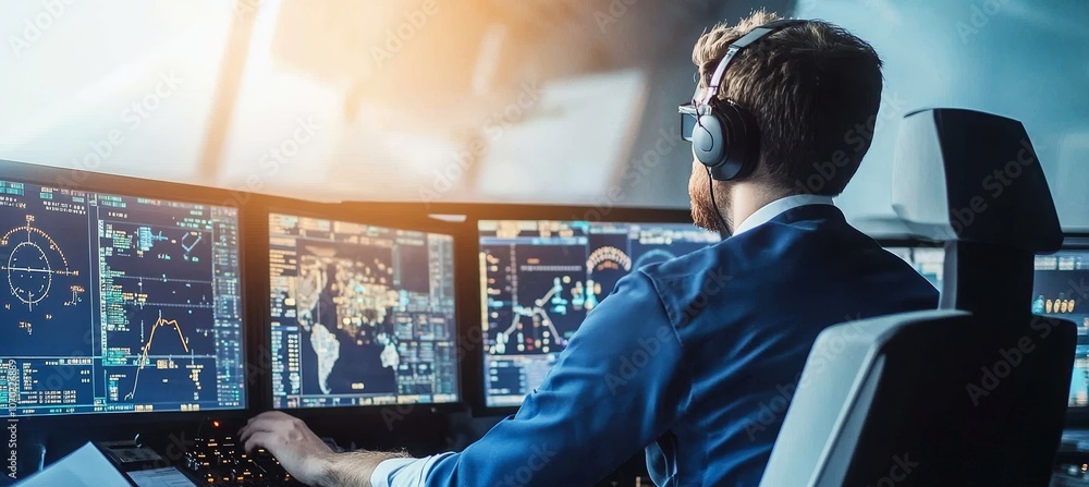 Poster air traffic controller monitoring flight data on multiple computer screens in control room