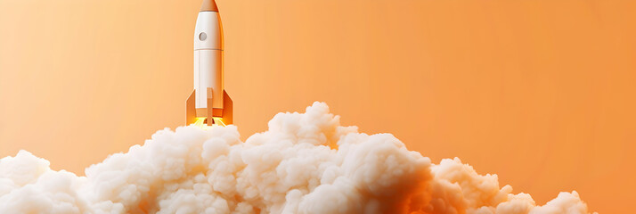 A golden arrow flies upward from the smoke, creating an orange gradient background with light gray and white tones