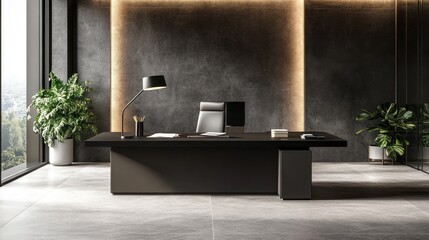 Modern office interior with sleek desk, chair, and plants in a minimalist design.