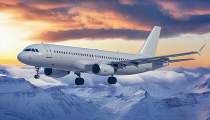 Fototapeta premium White Passenger Airplane Soaring Through a Dramatic Sunset Sky Above Majestic Snowy Mountain Peaks