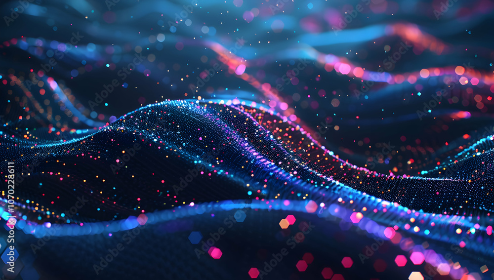 Poster 3d render, an abstract futuristic landscape with colorful glowing dots and wavy lines on a dark back
