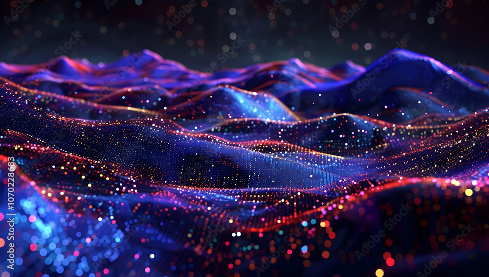 Poster 3d render, an abstract futuristic landscape with colorful glowing dots and wavy lines on a dark back