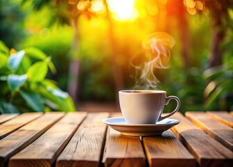 Obraz premium A cup of coffee, a wooden table, and the open sky â€“ a quiet moment captured.
