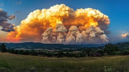 Pyrocumulus clouds forming from wildfires, towering high into the sky with dramatic shapes