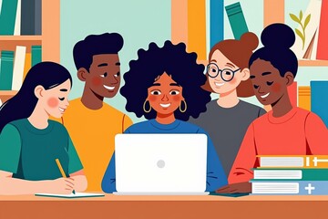 Happy Multiracial Students Collaborating on Laptop in Library Setting, Perfect for Diversity and Inclusion Initiatives