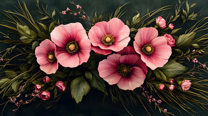 Floral Illustration with Pink Flowers and Green Foliage