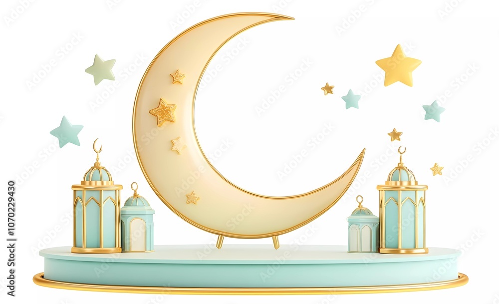 Poster 3d rendering illustration of a crescent moon and stars with lanterns on a podium platform for a rama