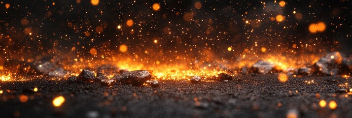 Naklejka premium Burning Abstract Hot, Sparkling Fire Embers Above Black Coal With Smoke On Dark Background
