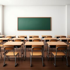 a classroom with a green chalkboard on the wall and a picture of a green board on the wall, a classroom with a chalkboard that says  the word  on it.
