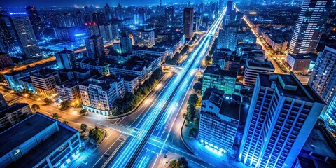 Obraz premium Aerial View Blue LED Strip Night Cityscape