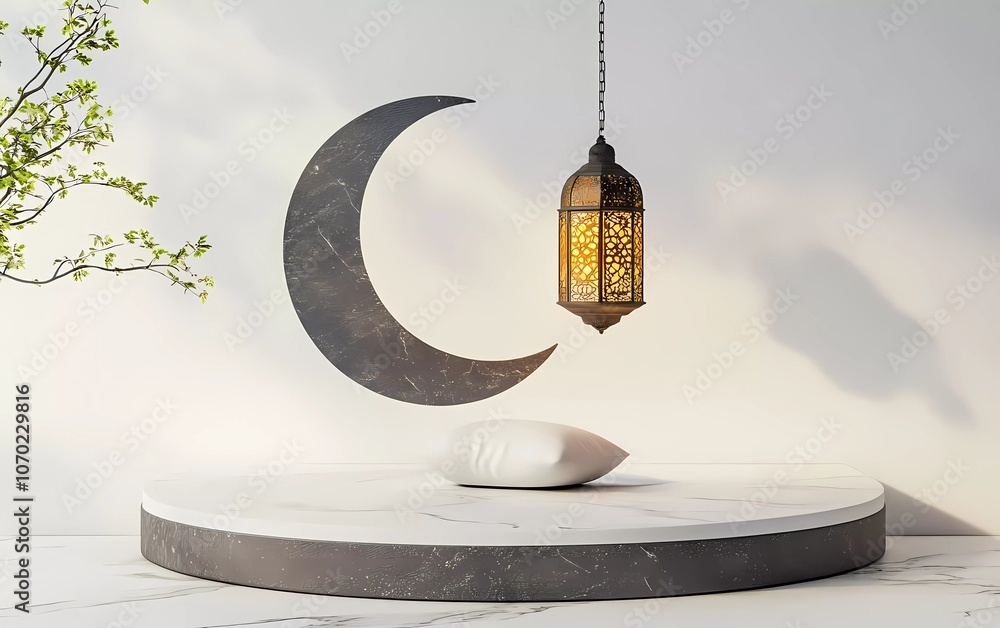Aufkleber 3d rendering of a ramadan islamic product podium platform display with a hanging lantern and crescen