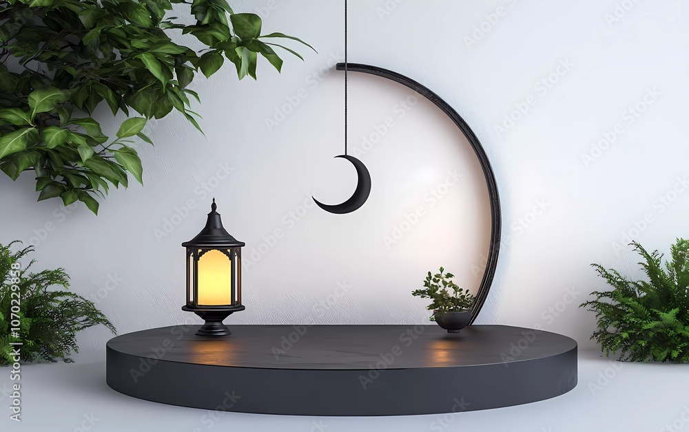 Aufkleber 3d rendering of a ramadan islamic product podium platform display with a hanging lantern and crescen