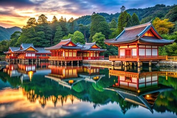Fototapeta premium Aerial View Shrines Row Water, Japanese Temple, Sacred Place, Water Feature, Asian Architecture, Landscape Photography, Tranquil Scene