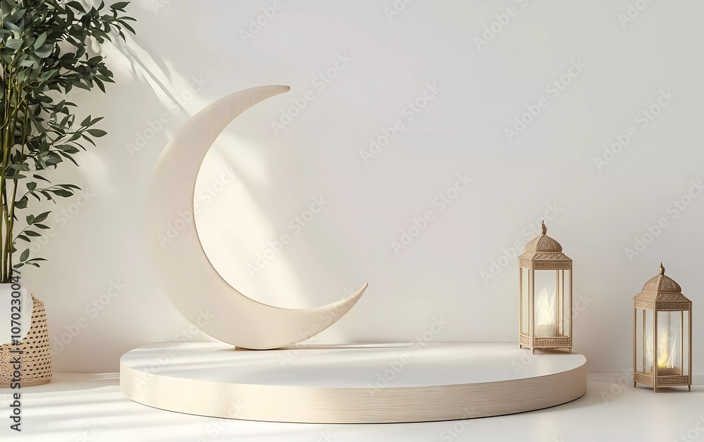 Aufkleber 3d rendering of a ramadan kareem podium product display with a crescent moon and lantern on a white 