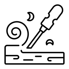An outline icon of wood carving using chisel with wood shavings flying off