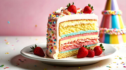 Fresh strawberry slice cake with cream decoration close-up on plate
