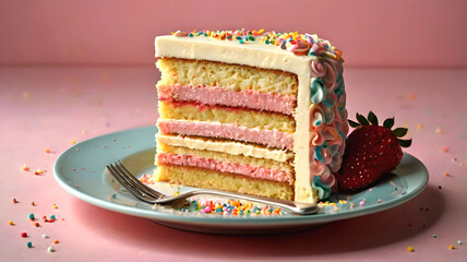 Slice of layered sponge cake with fresh strawberry and spoon cream decoration close-up on plate