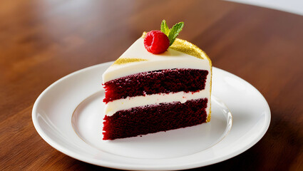 Rich velvety slice of layered sponge cake with mousse cake and cream decoration close-up on white plate