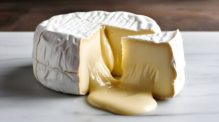 A wheel of aged cheese displayed on a wooden cutting board, accompanied by slices, ideal for a cheese platter, food photography, or as a culinary backdrop.