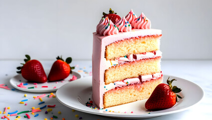 Slice of layered sponge cake with fresh strawberry and cream decoration close-up on white plate