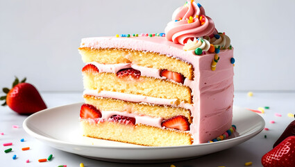 Slice of layered sponge cake with whipped cream decoration close-up on white plate